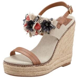 Tory Burch Tan Floral Wedge Heels